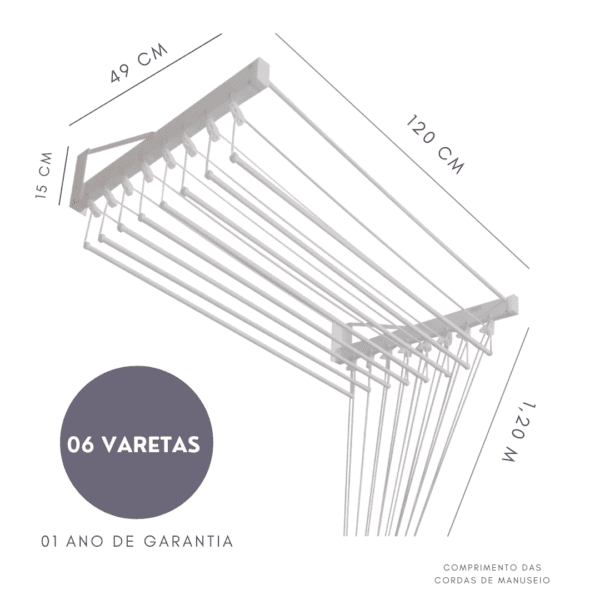 Varal Individual de Parede 120cm x 06 Varetas 3