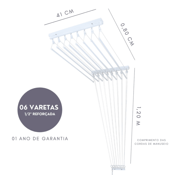 Varal Individual de Teto 80cm x 06 Varetas 3