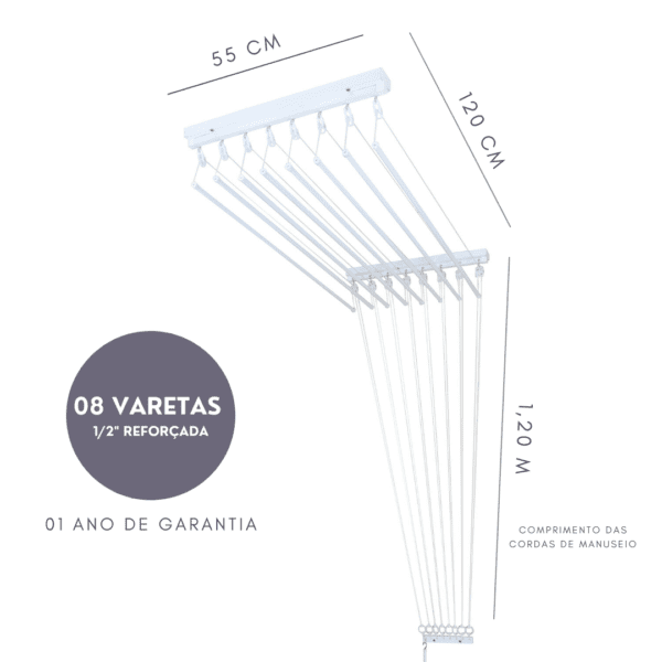 Varal Individual de Teto 120cm x 08 Varetas 3