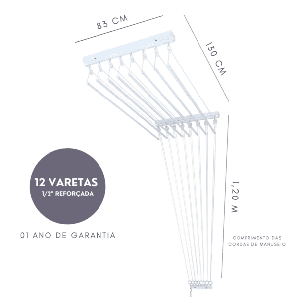 Varal Individual de Teto 130cm x 12 Varetas 3