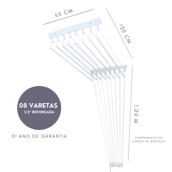 Varal Individual de Teto 130cm x 08 Varetas 3