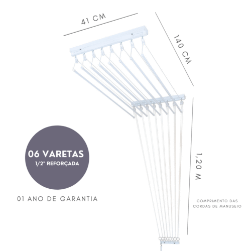 Varal de Teto Individual 140cm x 06 Varetas – Em Alumínio Branco