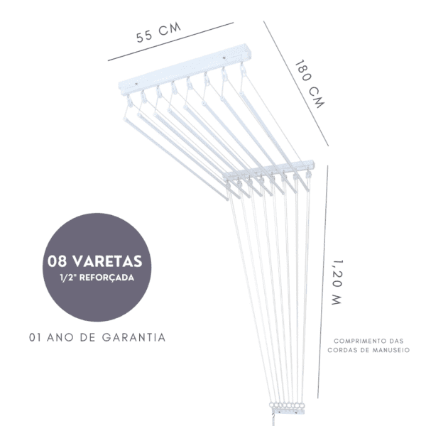 Varal Individual de Teto 180cm x 08 Varetas 3