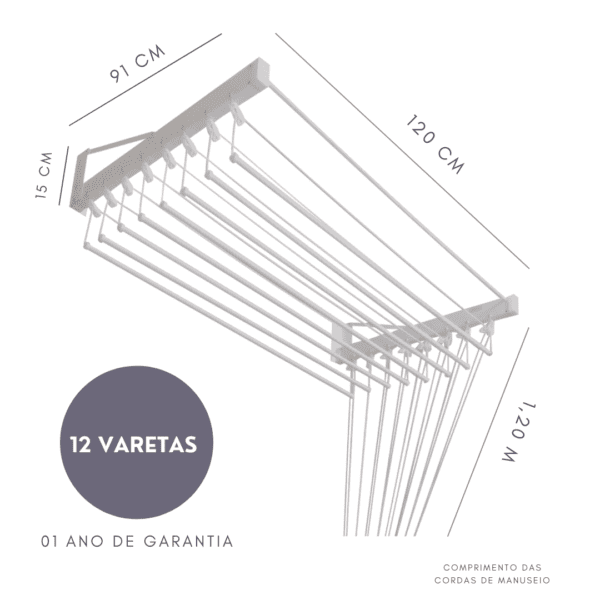 Varal Individual de Parede 120cm x 12 Varetas 3