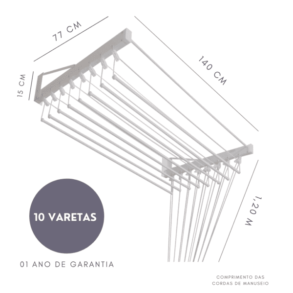 Varal Individual de Parede 140cm x 10 Varetas 3