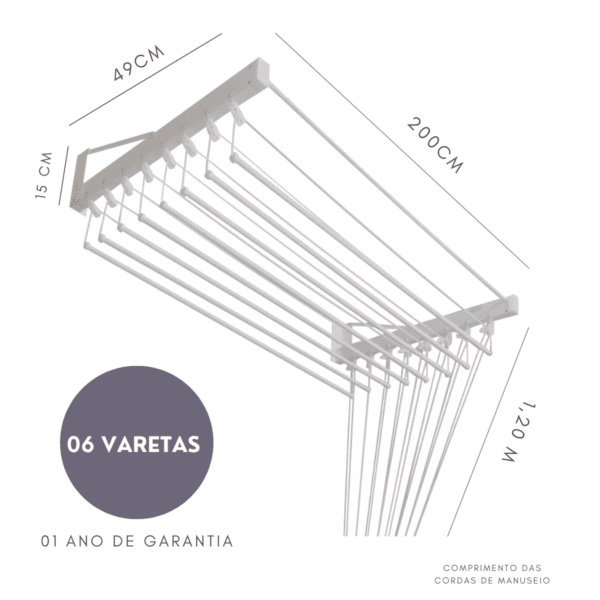 Varal Individual de Parede 200cm x 06 Varetas 3
