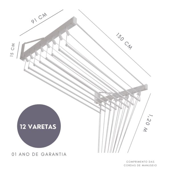 Varal Individual de Parede 130cm x 12 Varetas 3