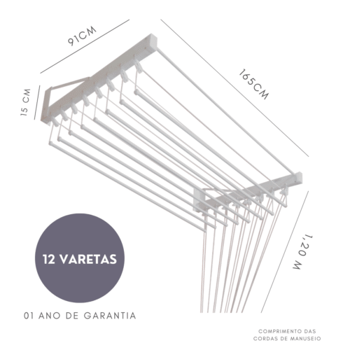 Varal de Parede Individual 165cm x 12 Varetas – Em Alumínio Branco