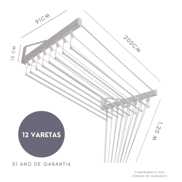 Varal Individual de Parede 200cm x 12 Varetas 3