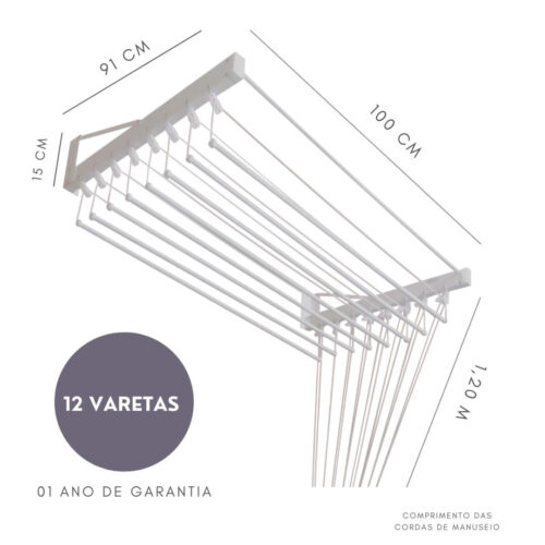 Varal de Parede Individual 100cm x 12 Varetas – Em Alumínio Branco