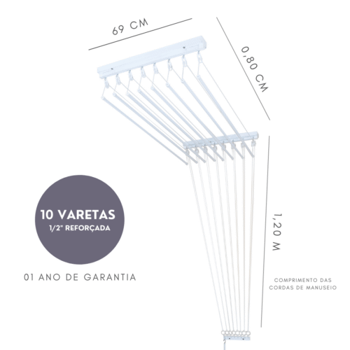 Varal de Teto Individual 80cm x 10 Varetas – Em Alumínio Branco