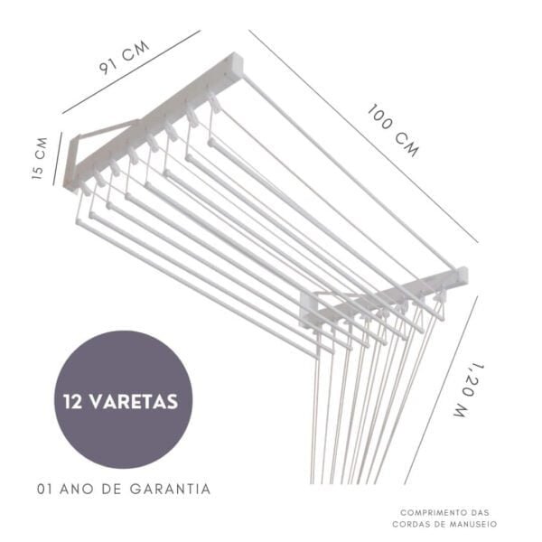 Varal Individual de Parede 100cm x 12 Varetas 3