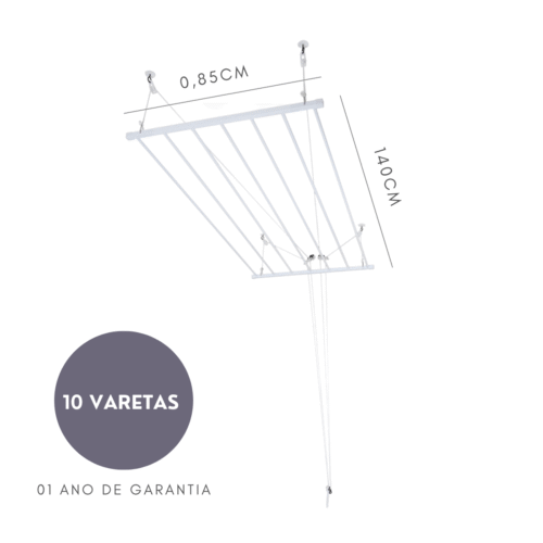 Varal de Teto Tradicional 140cm x 10 Varetas – Em Alumínio Branco