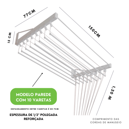 Varal de Parede Individual 150cm x 10 Varetas - Em Alumínio Branco - Varaltop - Image 2