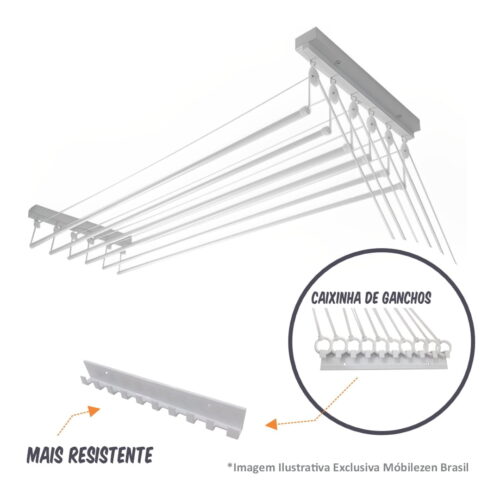 Varal de Teto Individual 180cm x 08 Varetas – Em Alumínio Branco