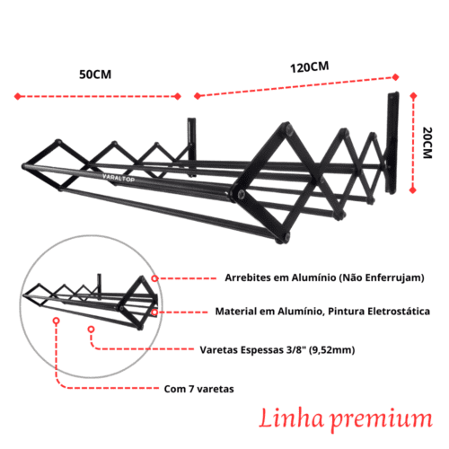 Varal Sanfonado 120cm Retrátil Preto Fosco 7 Varetas- Linha Premium - Image 2