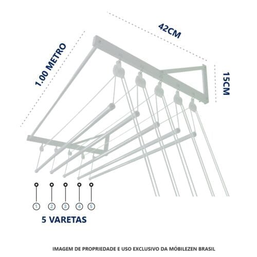 Varal De Parede Individual 100cm x 05 Varetas - Em Alumínio Branco - Image 3