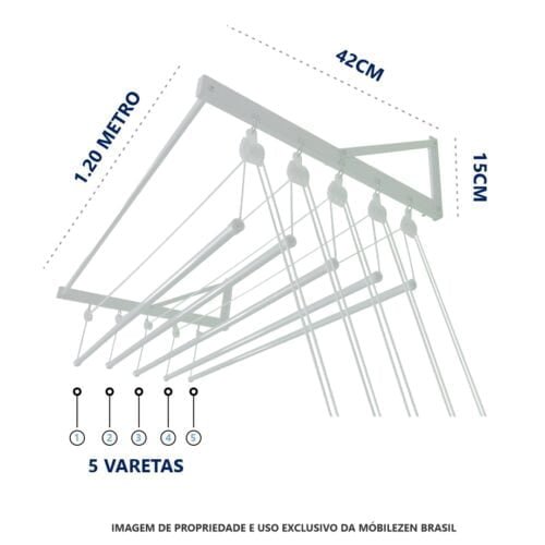 Varal De Parede Individual 120cm x 05 Varetas - Em Alumínio Branco - Image 2