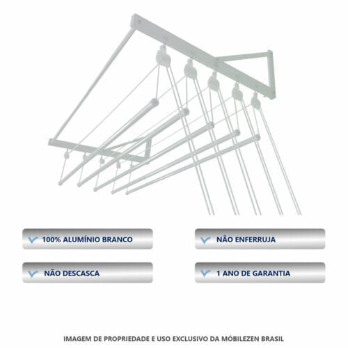 Varal De Parede Individual 120cm x 05 Varetas - Em Alumínio Branco - Image 3