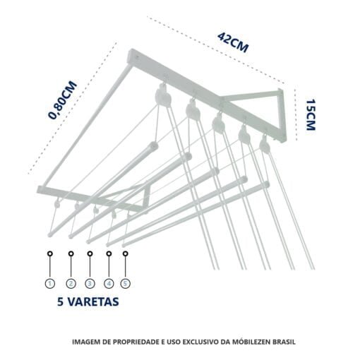 Varal De Parede Individual 80cm x 05 Varetas - Em Alumínio Branco - Image 2